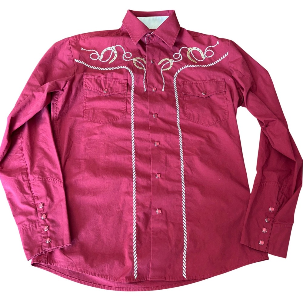 Ace of Diamond Burgundy Western Snap Shirt | Size Small | Horseshoe Embroidery